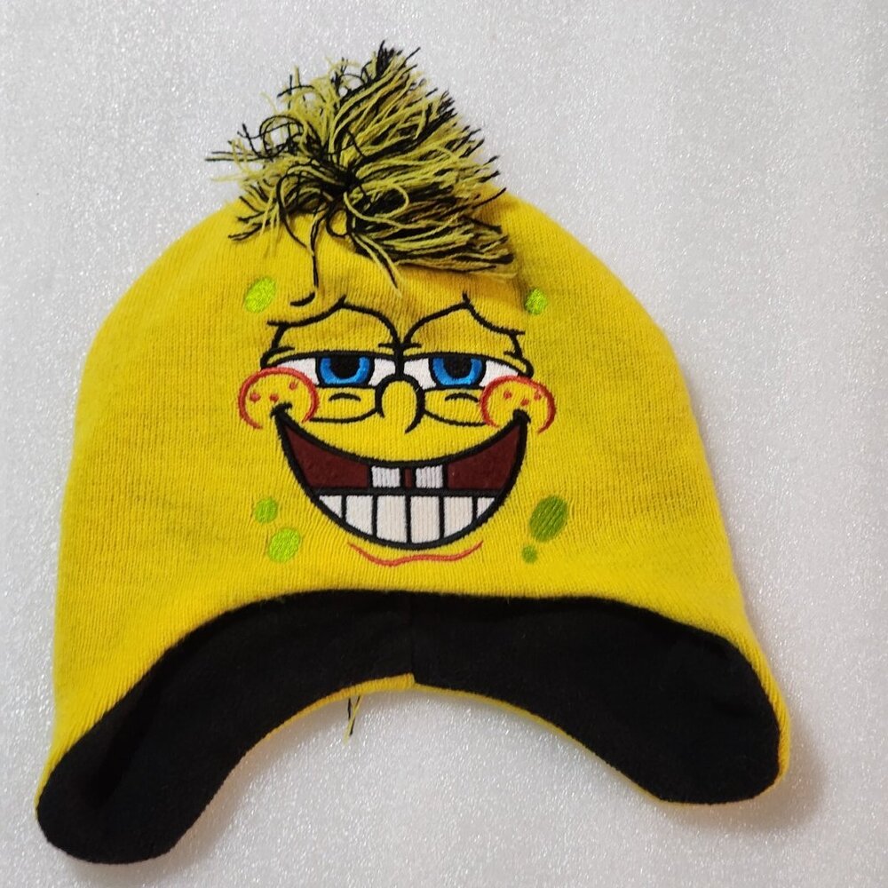 SpongeBob SquarePants Beanie Hat Knit Winter Ear Flap Smile Yellow & Black Adult